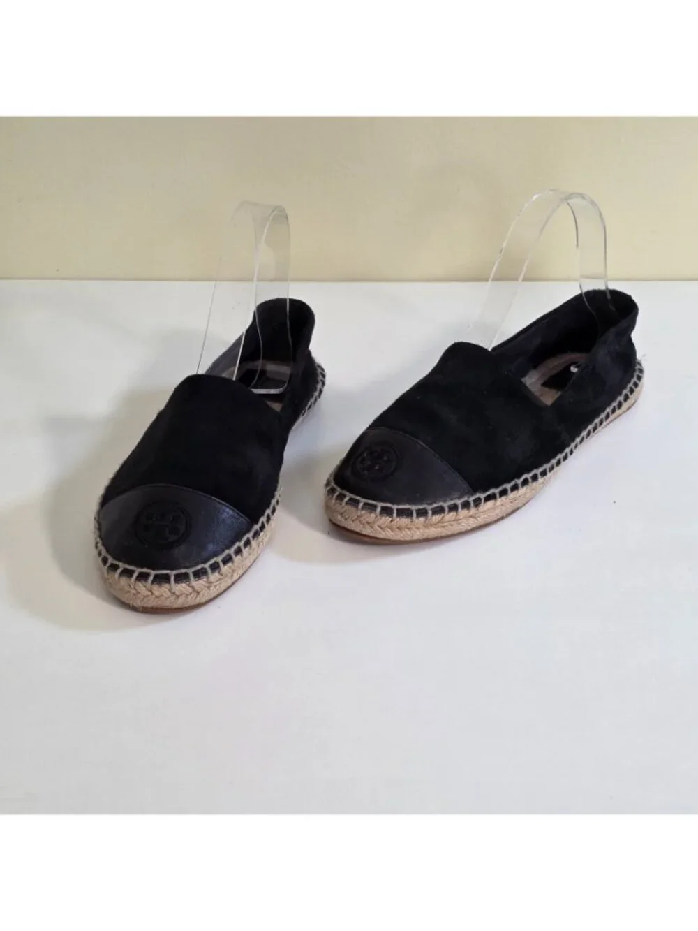 Tory Burch Espadrille Flats Shoes Women 8M Black Suede Leather Cap Toe Double T